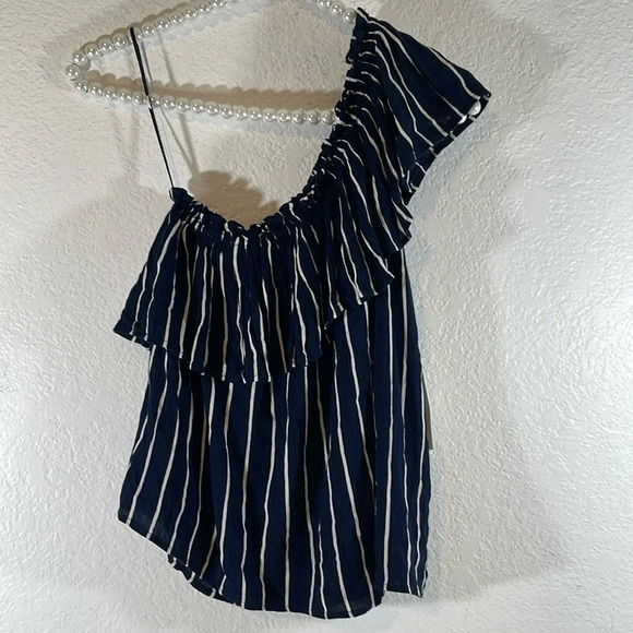 BILLABONG Wonderland Navy Blue & White Stripes Top With Ruffles Size Small NEW - Picture 3 of 8